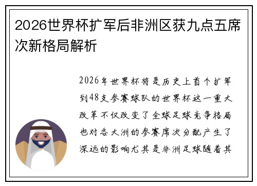 2026世界杯扩军后非洲区获九点五席次新格局解析 2026世界杯扩军后非洲区获九点五席次新格局解析